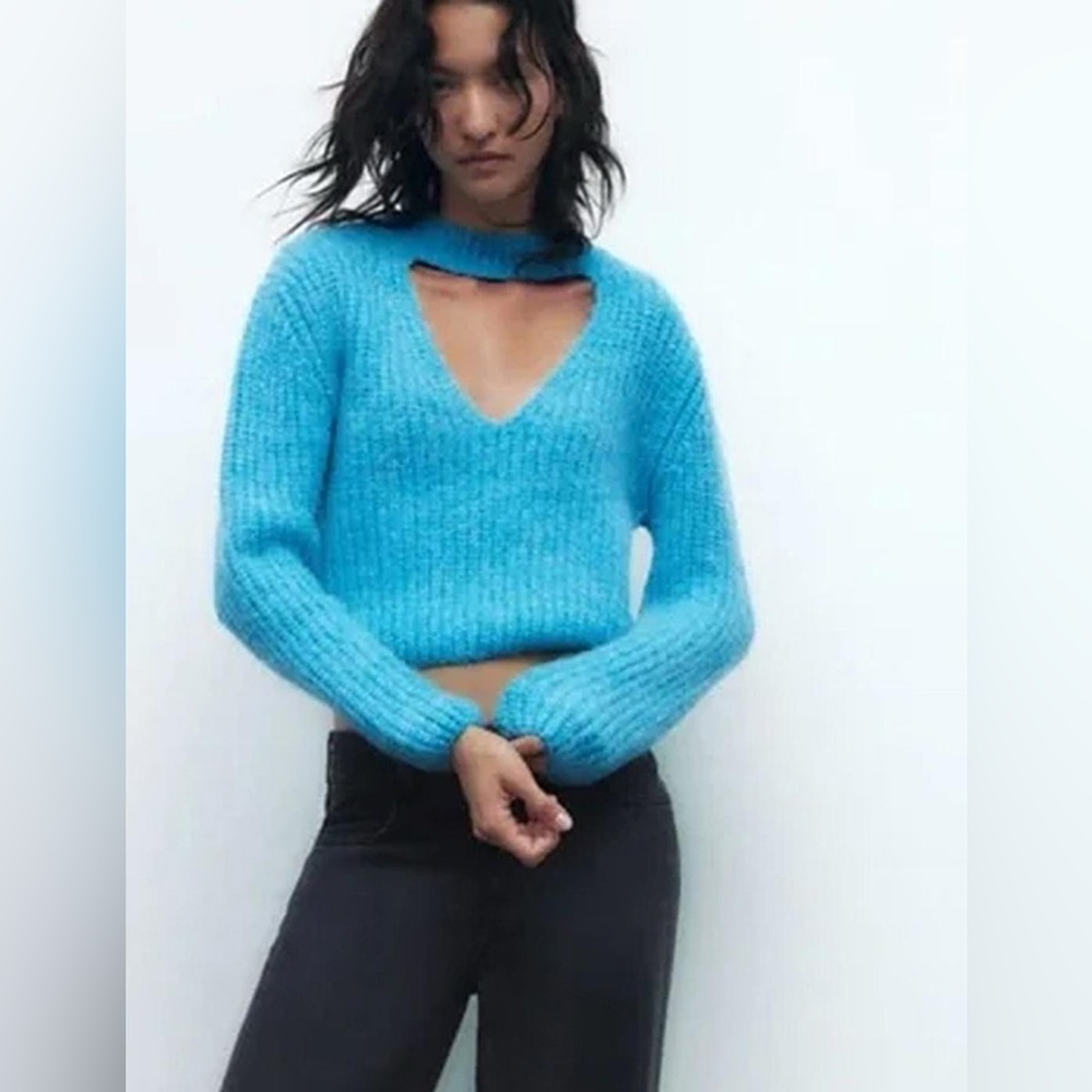 ZARA Blue Choker Sweater Knit Cutout Puff Sleeve‎ Crop Blue Size S